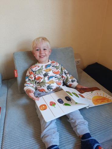 junge mit Buch sitzt auf dem Sofa
